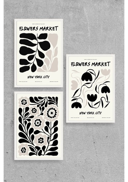 Flower Market Üçlü Ahşap Çerçeveli Tablo