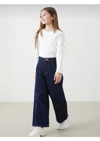 Kız Çocuk Koyu Mavi Mid Rise Wide Leg Jean Pantolon