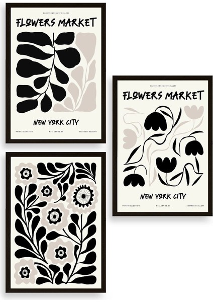 Flower Market Üçlü Ahşap Çerçeveli Tablo