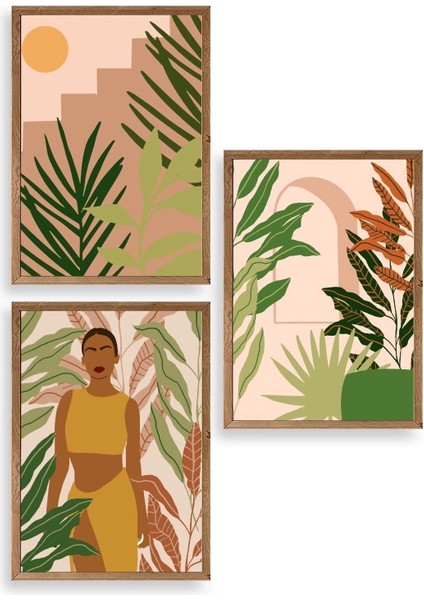 Düşündüren Çiçekli Üçlü Ahşap Çerçeveli Tablo