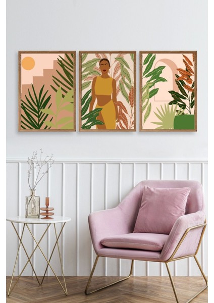 Düşündüren Çiçekli Üçlü Ahşap Çerçeveli Tablo fiyatları