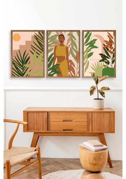 Düşündüren Çiçekli Üçlü Ahşap Çerçeveli Tablo modelleri