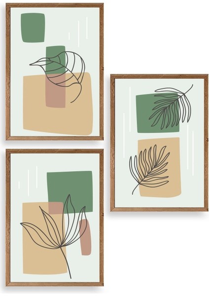 Çiçek Desenli Üçlü Ahşap Çerçeveli Tablo