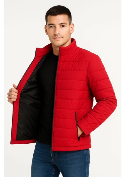 Erkek Kırmızı Su İtici Mikro Kumaş Astarlı Fermuarlı Cepli Bomber Şişme Mont Kışlık Rahat Kesim
