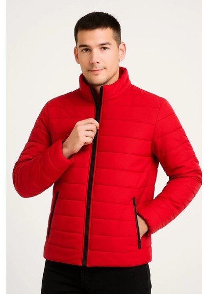 Erkek Kırmızı Su İtici Mikro Kumaş Astarlı Fermuarlı Cepli Bomber Şişme Mont Kışlık Rahat Kesim modelleri