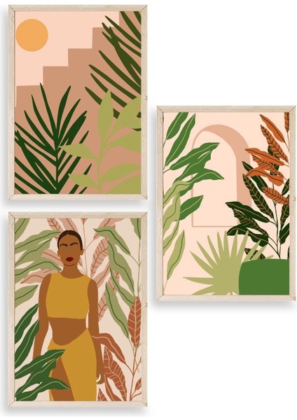 Düşündüren Çiçekli Üçlü Ahşap Çerçeveli Tablo