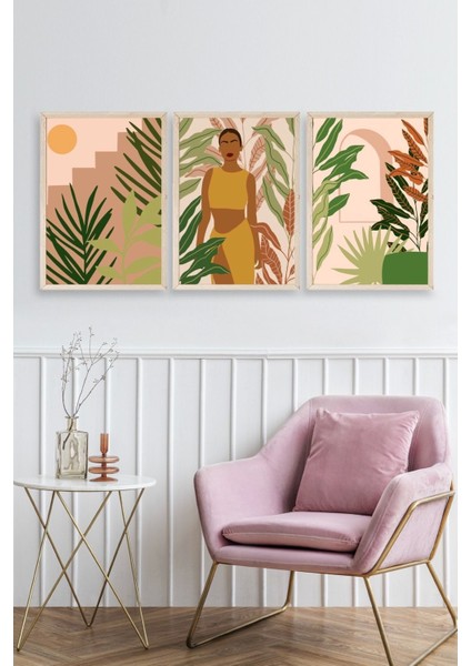 Düşündüren Çiçekli Üçlü Ahşap Çerçeveli Tablo fiyatları