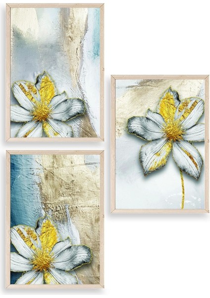 Çiçek Desenli Üçlü Ahşap Çerçeveli Tablo