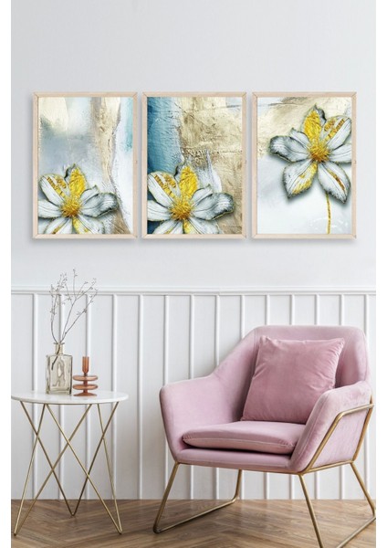 Çiçek Desenli Üçlü Ahşap Çerçeveli Tablo fiyatları