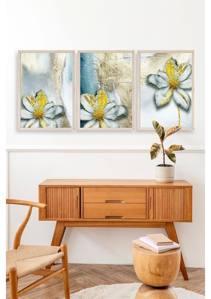 Çiçek Desenli Üçlü Ahşap Çerçeveli Tablo modelleri