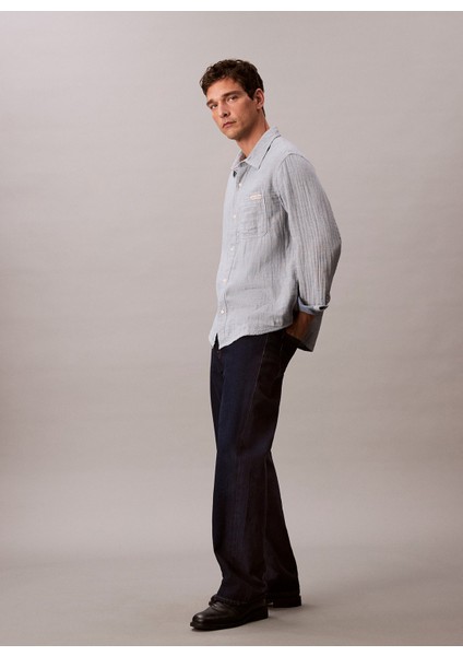 Classic Fit Lacivert Çizgili Erkek Gömlek LV04RC706GX6V Casual Classıc Boardw