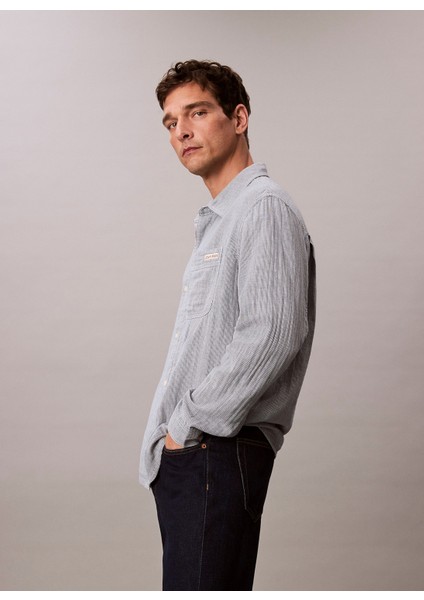 Classic Fit Lacivert Çizgili Erkek Gömlek LV04RC706GX6V Casual Classıc Boardw modelleri