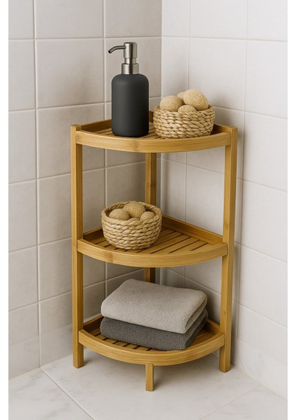 Doğal Bambu 3 Katlı Köşe Banyo Rafı – Suya Dayanıklı Ahşap Organizer BR-6718