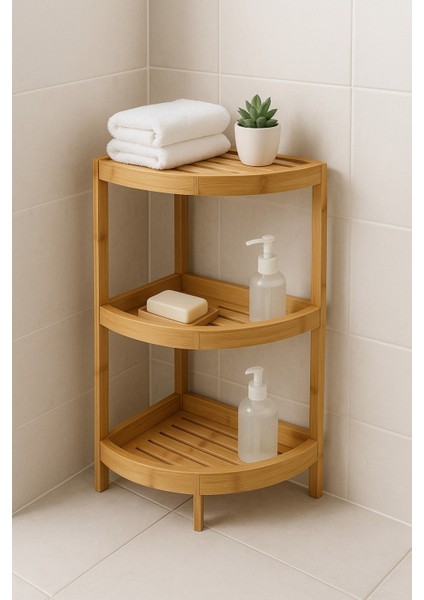 Doğal Bambu 3 Katlı Köşe Banyo Rafı – Suya Dayanıklı Ahşap Organizer BR-6718 modelleri