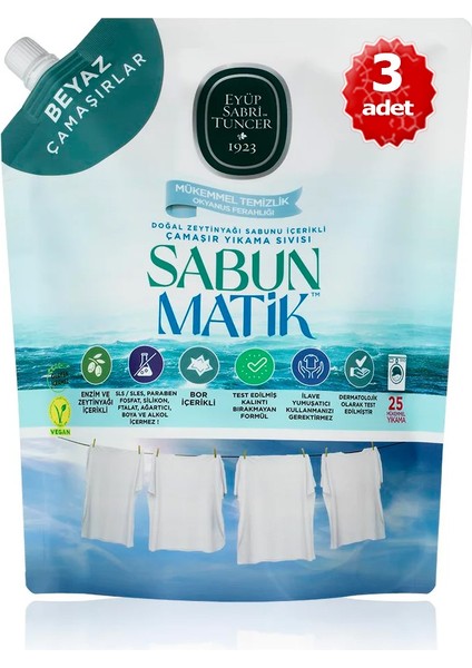 - X3 Adet Sabun Matik™doğal Zeytinyağlı Çamaşır Yıkama Sıvısı Beyazlar 1,5 Lt