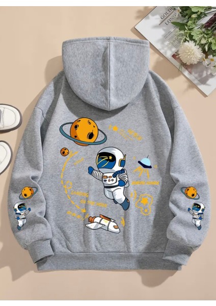Özel Tasarım Kapüşonlu Astronot Nasa Sırt Baskılı %100 Pamuk Oversize Erkek Çocuk Sweatshırt