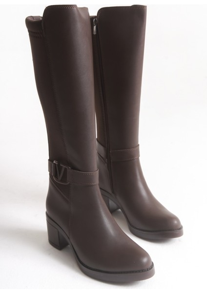 Acı Kahve Deri Görünümlü Arkası Streç Esnek Kalın Orta Topuklu V Metal Detay Fermuarlı Uzun Çizme fiyatları