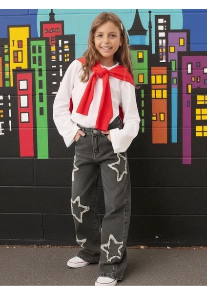 Kız Çocuk Geniş Paça Yıldız Desenli %100 Pamuk Lastikli Denim Pantolon