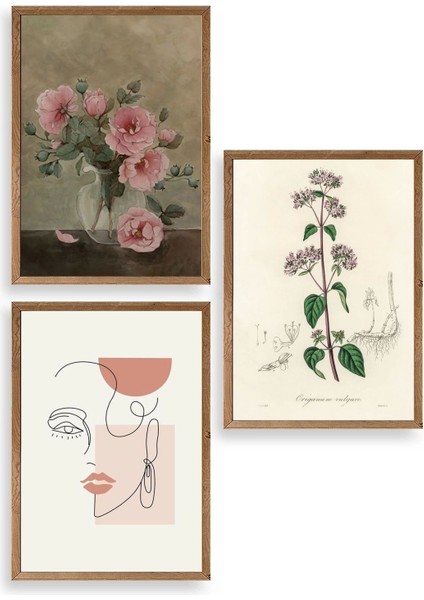 Çiçek Üçlü Ahşap Çerçeveli Tablo