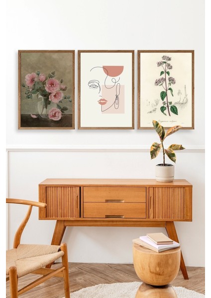 Çiçek Üçlü Ahşap Çerçeveli Tablo modelleri