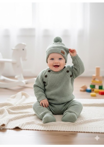 Çocuk Triko Selanık Örme Şapkalı Kışlık Özel Düğmeli Şapkalı 3 Lü Takım