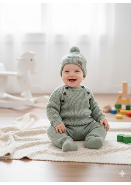 Çocuk Triko Selanık Örme Şapkalı Kışlık Özel Düğmeli Şapkalı 3 Lü Takım fiyatları