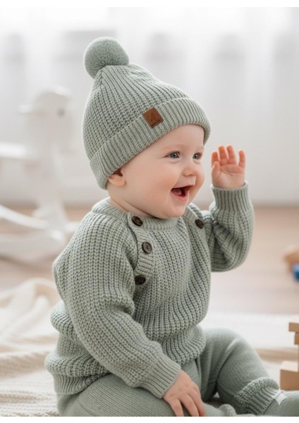 Çocuk Triko Selanık Örme Şapkalı Kışlık Özel Düğmeli Şapkalı 3 Lü Takım modelleri