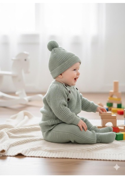 Çocuk Triko Selanık Örme Şapkalı Kışlık Özel Düğmeli Şapkalı 3 Lü Takım fırsatları