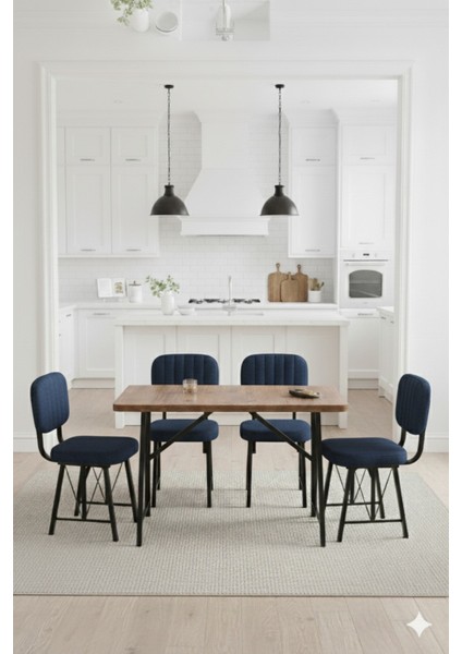 Elfin 70X110CM Sabit Atllantik Yemek Masası, Yemek Masası Takımı, Mutfak Masası, 4 Lacivert Sandalye