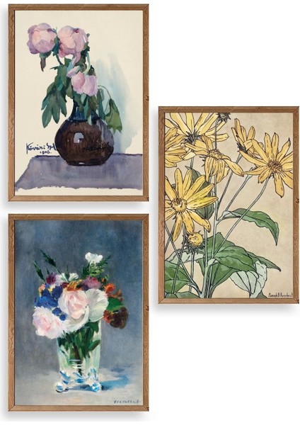 Vazodaki Çiçekler Üçlü Ahşap Çerçeveli Tablo