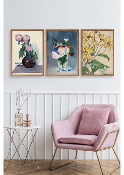 Vazodaki Çiçekler Üçlü Ahşap Çerçeveli Tablo fiyatları