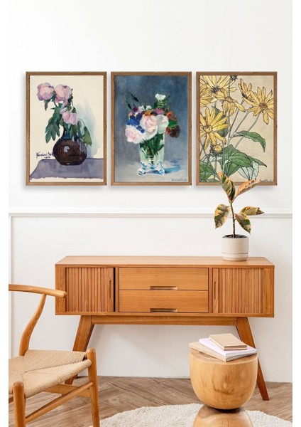 Vazodaki Çiçekler Üçlü Ahşap Çerçeveli Tablo modelleri