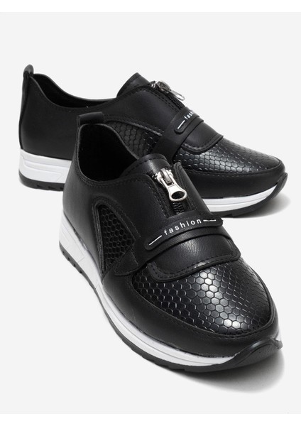 Fermuarlı Yılan Desenli Kadın Ayakkabı Siyah Cilt