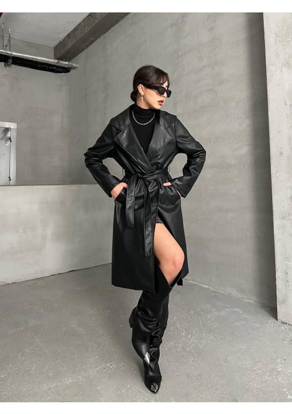 Kuşaklı Astarlı Deri Uzun Trenç Pardesü