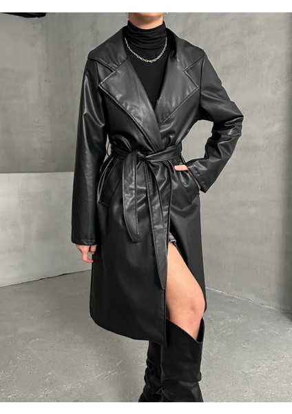 Kuşaklı Astarlı Deri Uzun Trenç Pardesü fiyatları