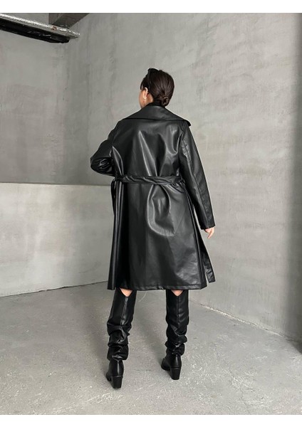 Kuşaklı Astarlı Deri Uzun Trenç Pardesü modelleri