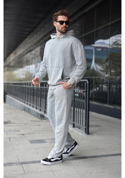 Boyalı Gri Kanguru Cep Kapüşonlu Erkek Eşofman Takımı E7341