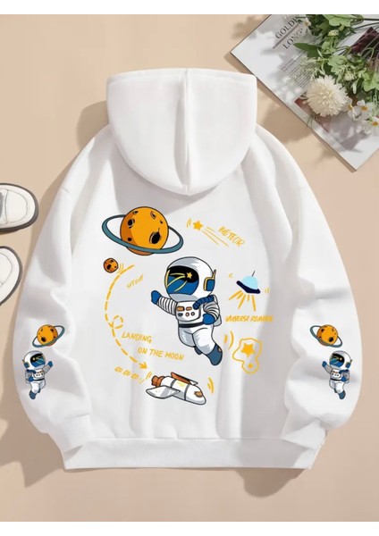 Özel Tasarım Kapüşonlu Astronot Nasa Sırt Baskılı %100 Pamuk Oversize Erkek Çocuk Sweatshırt
