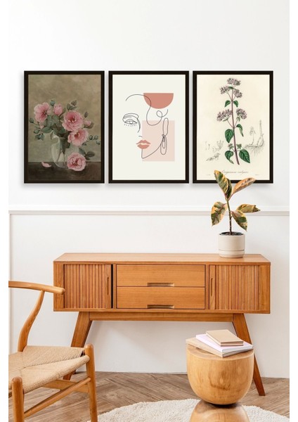 Çiçek Üçlü Ahşap Çerçeveli Tablo modelleri