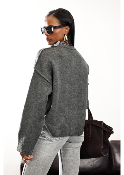 Antrasit Bisiklet Yaka Triko Hırka 2554