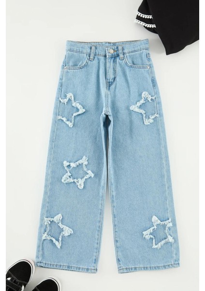 Kız Çocuk Geniş Paça Yıldız Desenli %100 Pamuk Lastikli Denim Pantolon
