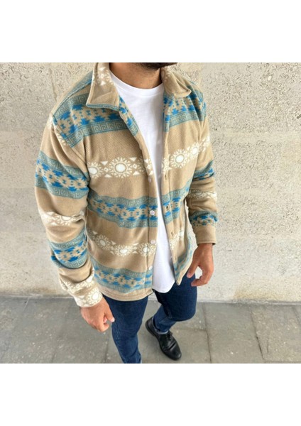 Erkek Etnik Desenli Soğuğa Dayanıklı Polar Oduncu Gömlek Sarı Oversize Düğmeli Kışlık Gömlek Ceket modelleri