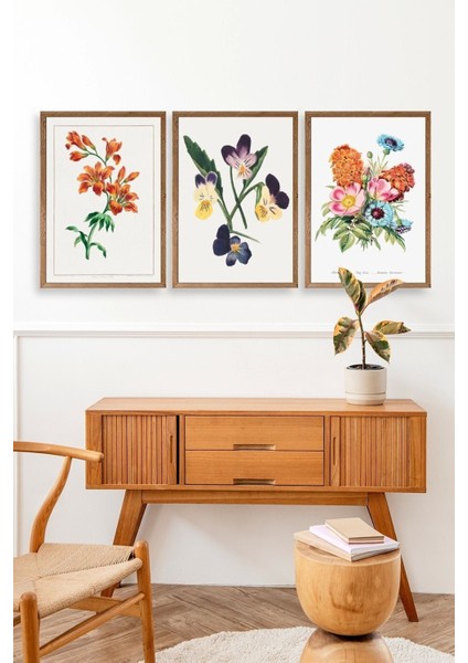 Çiçek Üçlü Ahşap Çerçeveli Tablo modelleri