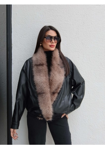 Kürk Yaka Bel Lastikli Deri Ceket fiyatları