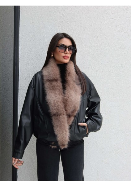 Kürk Yaka Bel Lastikli Deri Ceket fırsatları