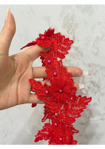 Kırmızı Boncuk Işleme Güpür Şerit Dikiş Aplike 100X10 cm