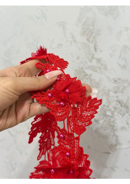 Kırmızı Boncuk Işleme Güpür Şerit Dikiş Aplike 100X10 cm fiyatları