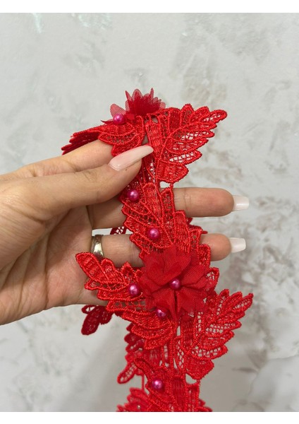Kırmızı Boncuk Işleme Güpür Şerit Dikiş Aplike 100X10 cm modelleri