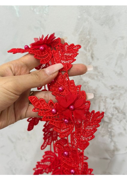 Kırmızı Boncuk Işleme Güpür Şerit Dikiş Aplike 100X10 cm fırsatları