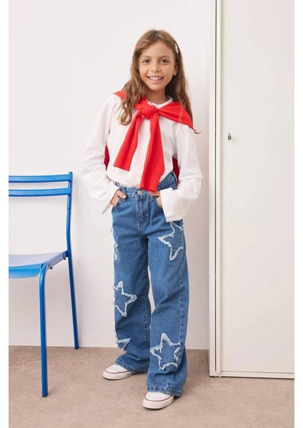 Kız Çocuk Geniş Paça Yıldız Desenli %100 Pamuk Lastikli Denim Pantolon